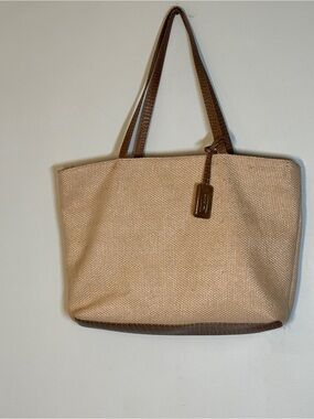 Neutral Straw Tote with Brown Trim and Leather-Style Handles